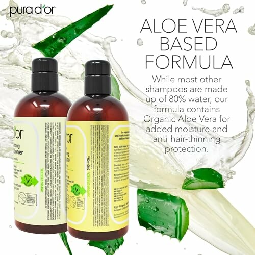 Two bottles of aloe vera based shampoo with aloe slices.