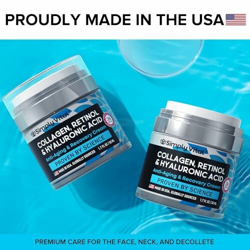 Two jars of SimplyVital collagen, retinol, and hyaluronic acid cream on a blue background, labeled 'Proudly Made in the USA'.