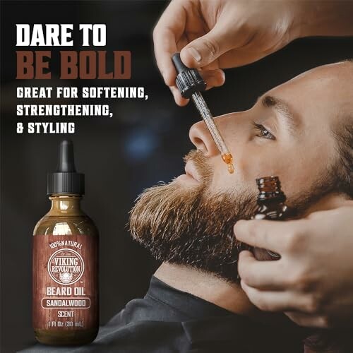 Beard oil being applied to a man's beard for softening and styling.