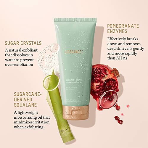 Biossance body scrub with sugar crystals, pomegranate enzymes, and squalane.