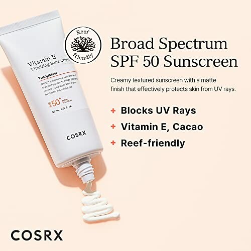 COSRX Broad Spectrum SPF 50 Sunscreen with Vitamin E and Cacao, reef-friendly