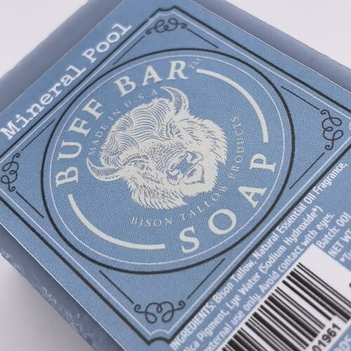 Buff Bar Soap label with bison logo and Mineral Pool scent.