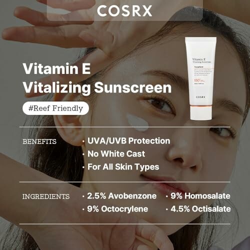 COSRX Vitamin E Vitalizing Sunscreen ad highlighting benefits and ingredients