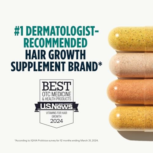 Top dermatologist-recommended hair growth supplement brand with pills shown.