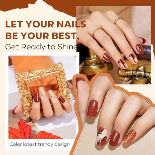 Collage of hands showcasing fall-themed nail art with red and orange tones.