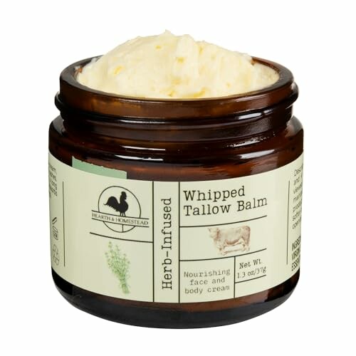 Jar of herb-infused whipped tallow balm for face and body