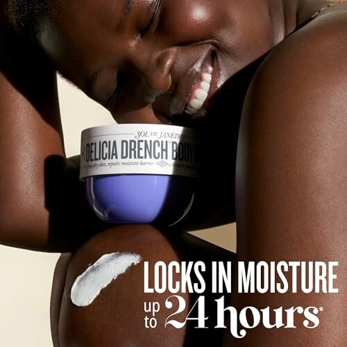 Smiling person holding body cream with text about moisture locking for 24 hours.