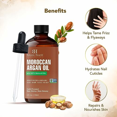 Bottle of Moroccan Argan Oil with dropper and benefits listed.