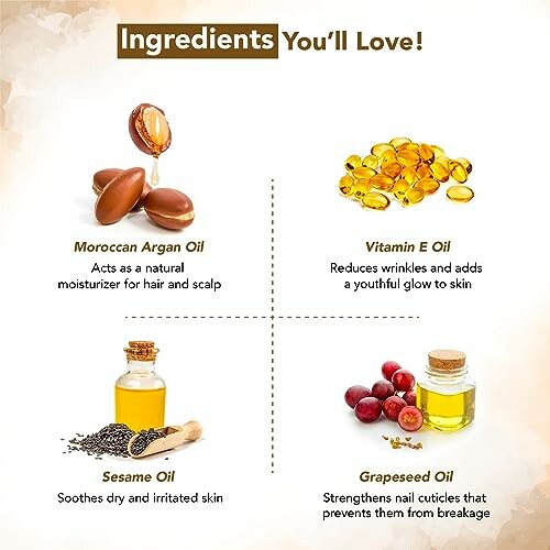 Image showing benefits of Moroccan Argan Oil, Vitamin E Oil, Sesame Oil, and Grapeseed Oil.