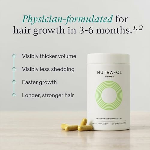 Nutrafol hair growth supplement with benefits listed.