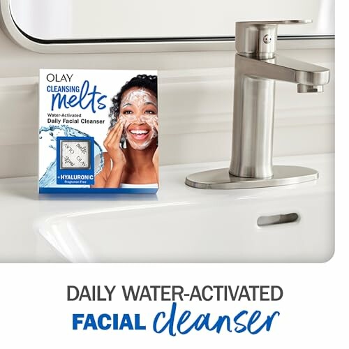 Olay daily water-activated facial cleanser on bathroom sink