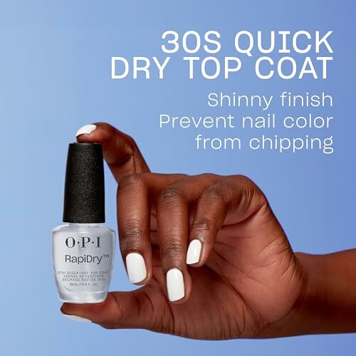 Hand holding OPI RapiDry top coat with text about quick drying and nail protection.