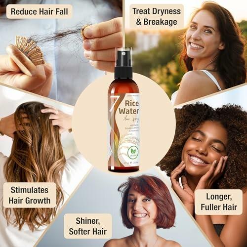 Image showing benefits of rice water spray for hair care.