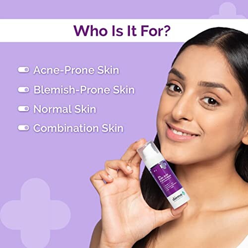 Woman holding skincare product with skin type list.