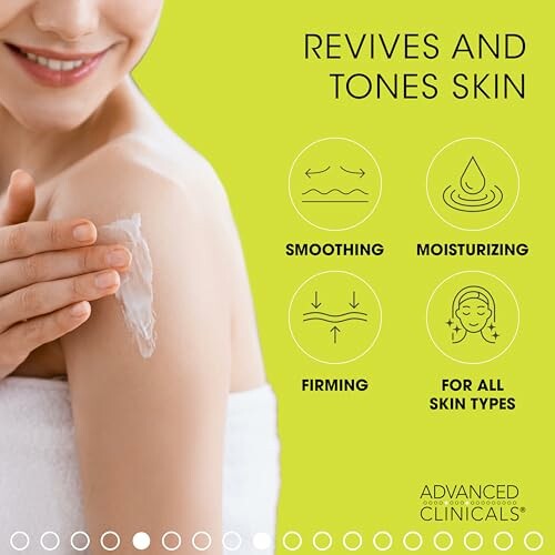 Smiling person applying skin cream with text: Revives and tones skin, smoothing, moisturizing, firming, for all skin types.