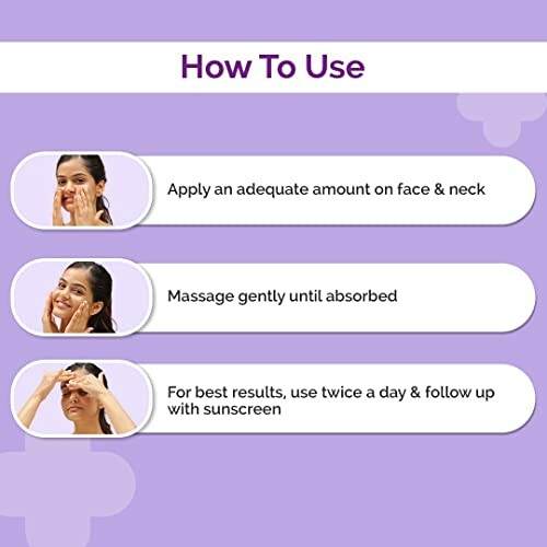 Instructions on how to use skincare product, including application, massage, and sunscreen follow-up.