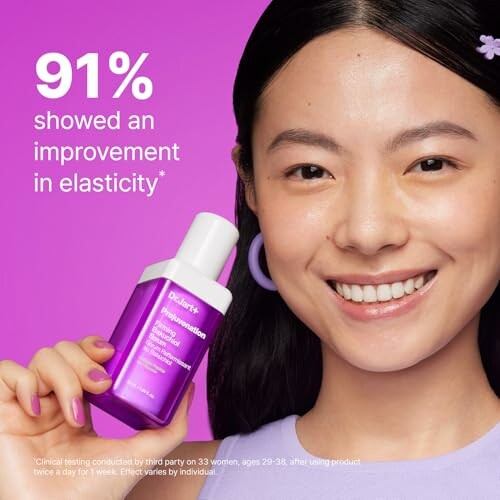 Smiling woman holding skincare product with 91% elasticity improvement text.