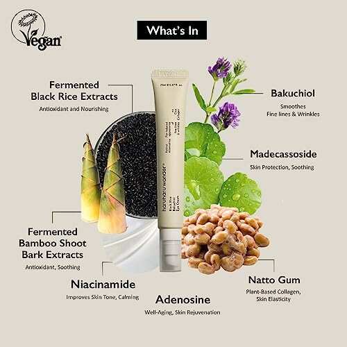 Infographic showing skincare ingredients like fermented black rice, bakuchiol, madecassoside, niacinamide, adenosine, fermented bamboo shoot, and natto gum.