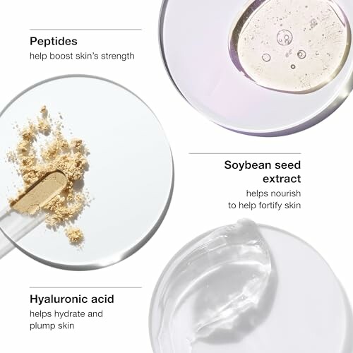 Close-up of skincare ingredients: peptides, soybean seed extract, hyaluronic acid.