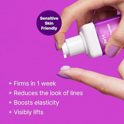 Hand holding a purple skincare product with benefits listed.